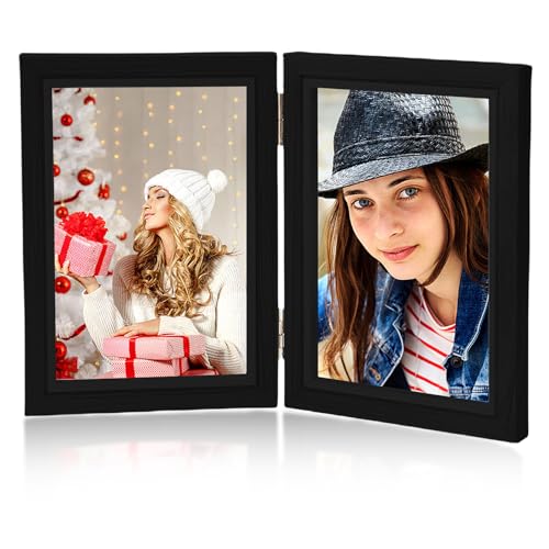 Cornice portafoto pieghevole per 2 foto: 13 x 18 cm, in legno, per disegni per bambini, collage con vetro e cornice in vetro, cornice per arte, da collezione
