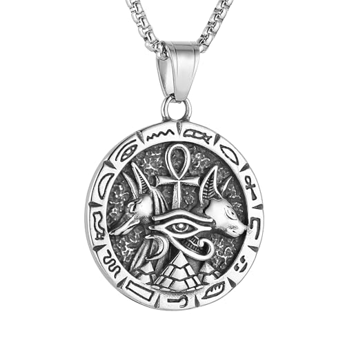 HZMAN Ancient Egyptian Symbol Necklace for Men Women Stainless Steel Retro Eye of Horus Pyramid Coptic Ankh Cross Anubis Round Pendant Necklace