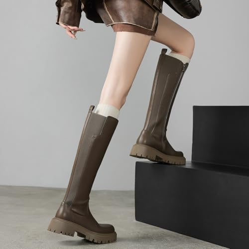 Image of TEAIEU Knee High Boots for Women, Platform Chunky Block Low Heel Tall Boots, Round Toe Side Zipper Fall Long Boots for Dress, Stretch Calf, Comfortable
