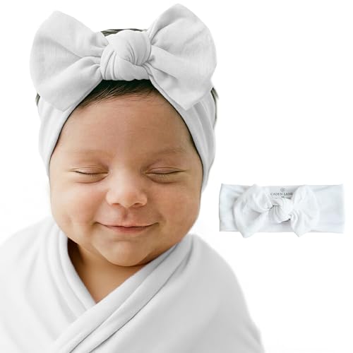 Image of Caden Lane Baby Headwrap with Knotted Bow, Soft & Stretchy Bamboo Viscose, Comfortable Infant Hairband for Newborn & Toddler Girls, Ideal Gift for Baby Shower & Milestone Celebration, Lace White