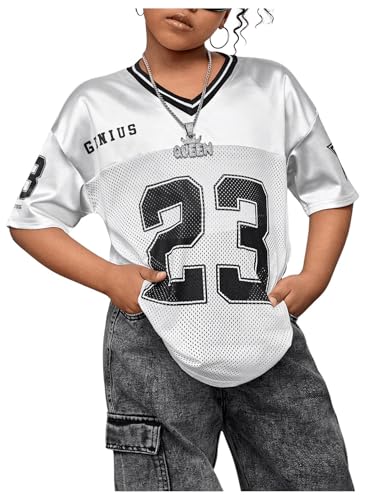 Image of WDIRARA Girl's Number Graphic Jersey Shirts Short Sleeve V Neck Tees Oversized T-Shirt Tops