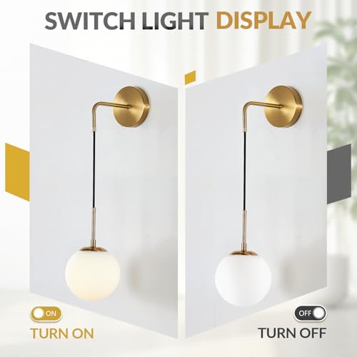 Image of BOKT Frosted White Glass Wall Sconce Mid Century Modern Globe Ball Wall Light Brushed Brass Gold Adjustable Wall Sconce Lighting Industrial Vanity Bathroom Wall Lamp (Gold+White)