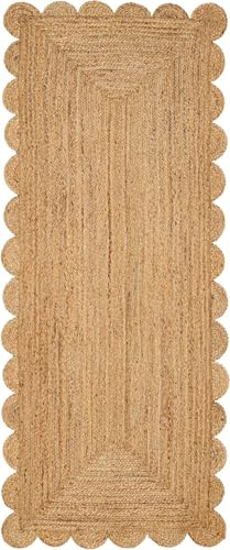 MDS® 1 PC Handwoven Braided Jute Area Rug 2ft x 8ft Rectangle Scalloped Edge, 100% Natural Jute Rustic Farmhouse Reversible Accent Rug for Bedroom Living Room Hallway Entryway Office Kitchen (2' x 8')