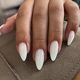 Frost White Press on Nails Almond Shaped Medium Almond Nails Press on Neutral Acrylic Nails Reusable Fake Nails for Women Girls, Glue on Nails Medium Length Stiletto False Nails Gel Artificial Nails