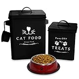 Meraki Home Farmhouse Cat Food and Treats Containers + Feed Scoop + Pet Food Bowl - Tight Lids - Large Metal Storage Bin - Great Gift for Cute Pets - Matte Black