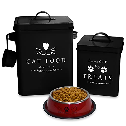 Meraki Home Farmhouse Cat Food Bin & Treats Container -Lateral Handles And Tight Lids -Feed Scoop - Premium Glossy Red Pet Food Bowl - Large Metal Storage Bin - Great Gift For Cute Pets - Matte Black #TOP24