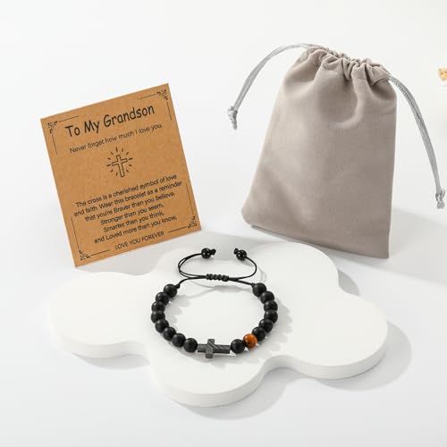 Image of P. BLAKE Cross Bracelet for Boys Men, American Flag Cross Natural Beads Bracelet Christian Religious Birthday Jewelry Gifts for Teen Boys