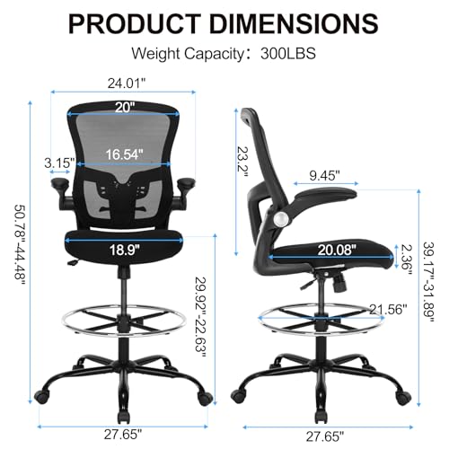 Image of Drafting Chair, Ergonomic Tall Office Chair with Lumbar Support Standing Desk Stool with Flip-up Armrests Comfy High Office Desk Chair with Adjustable Foot Ring for Counter Height Desk, Black