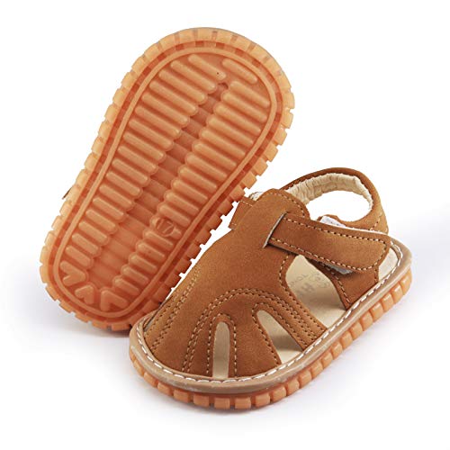 SOFMUO Baby Boys Girls Squeaky Sandals Non-Slip Soft Rubber Sole Closed Toe Infant Summer Outdoor Shoes Toddler First Walkers(B/Brown,18)