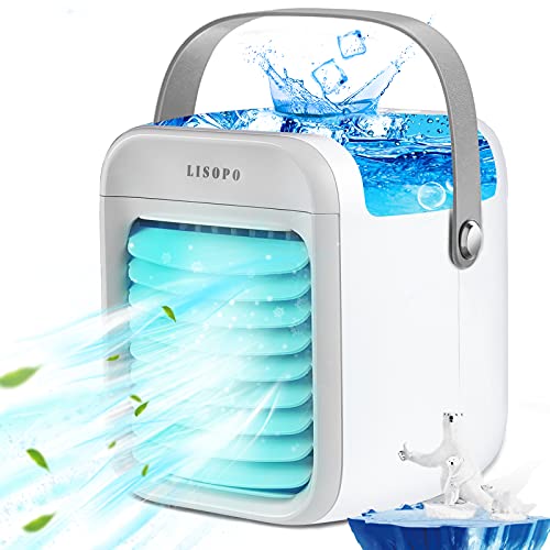 Portable Air Conditioner Fan | LISOPO Rechargeable Evaporative Air Cooler with Humidifier & Filtration Function & 7 Color Night Light | Personal Small Air Conditioner Desk Fan for Home Office Bedroom