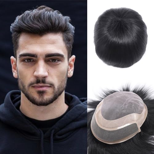 6x8 inch, 7x9 inch Men Toupee Mono Lace PU Hairpiece Replacement Capillary Prosthesis System 100% Human Hair Breathable Durable Men's Wig Natural Black (Black, 6x9)