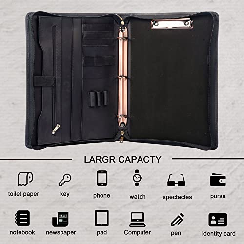 Calfinder Genuine Leather Portfolio Binder Organizer, Crazy Horse Leather Padfolio With Pocket Fits Up To 13.3" Laptop, With Us Letter Size/A4 Clipboard, Black #TOP2