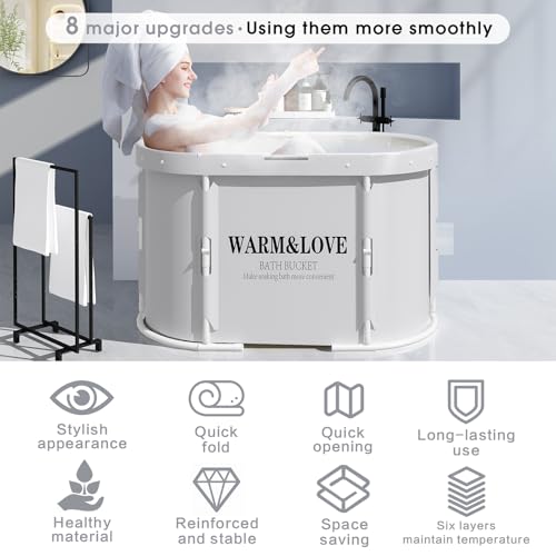 Faltbare Badewanne für Dusche, Freistehende Badewanne für Heißes Bad und Eisbad, Tragbare Eisbadewanne für Erwachsene (Grau weiß, Oval-Medium)