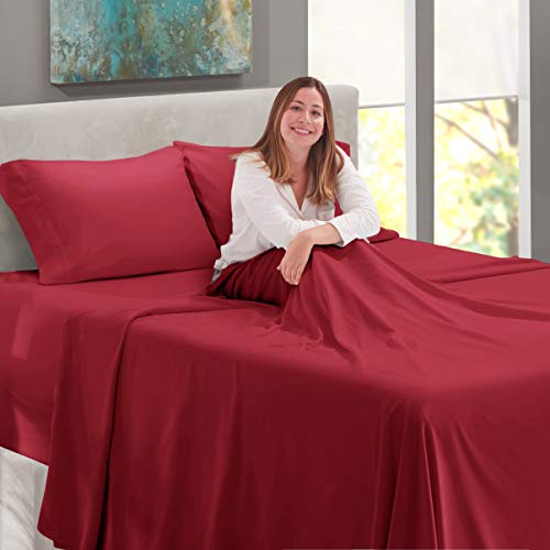 Image of Nestl Full Bed Sheet Set - Burgundy Red - 4-Piece Extra Deep Pocket | Instantly Soft, Night-One Ready (No Wash Required). Fits Extra Deep Pockets up to 24 Inches, 360-Degree Elastic Grip