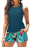 Daci Teal and Leaves Tankini Swimsuits for Women - Tummy Control Two Piece Bathing Suits with Shorts High Neck Swimwear Two Side Pockets M