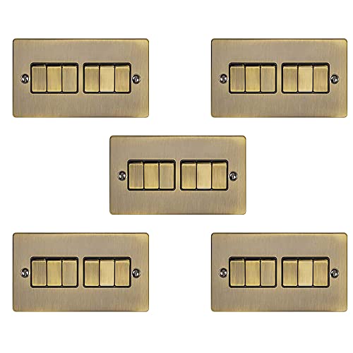 5 PACK | 6 Gang Multi Light Switch – ANTIQUE BRASS & Black Trim – 2 Way 10 Amp – Dark Gunmetal Decorative Wall Plate & Solid Metal Rocker – On/Off Mains Lighting Switch