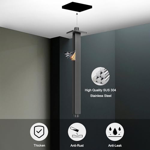 Image of Ceiling Mounted Shower Arm, Rain Shower Square Extension Arm with Flange and Teflon Tape Stainless Steel Ceiling Mount Shower Extender (12 Inch, Matte Black)