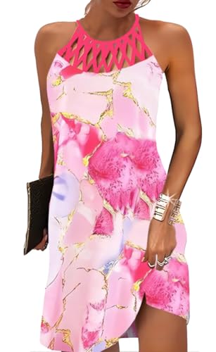 Image of LOVESHOOT Summer Dresses for Women 2026 Casual Floral Hollow Out Halter Neck A-line Sundress for Beach Vacation with Pockets