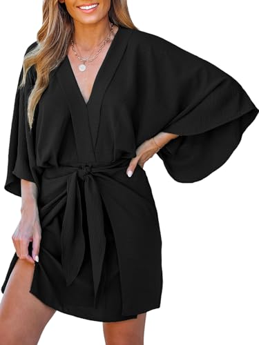 Image of CUPSHE Womens Vacation Mini Summer Dress V Neck Kimono Sleeve Belted Flowy Loose Resort Wear Casual Beach Cover Up Dress