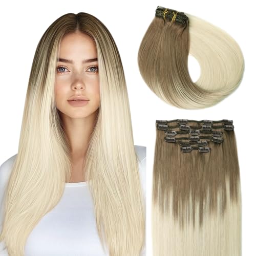 Produktfoto von SURNEL Echthaar Clip in Extensions Balayage Blonde 6Pcs 50cm Ombre Hellbraun mit Platinblond Echthaar Extensions Blonde…