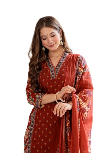 Image of MEERA FAB Women's Cotton Blend Straight Printed Kurta with Palazzo & Dupatta