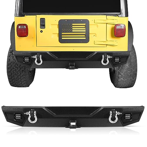 Peforway Rear Bumper fit for Jeep Wrangler TJ & YJ 1987-2006, Full Width Off Road Heavy Duty Steel Bumper Upgraded Textured Black Back Bumpers with D-Rings, Light and Winch Plate