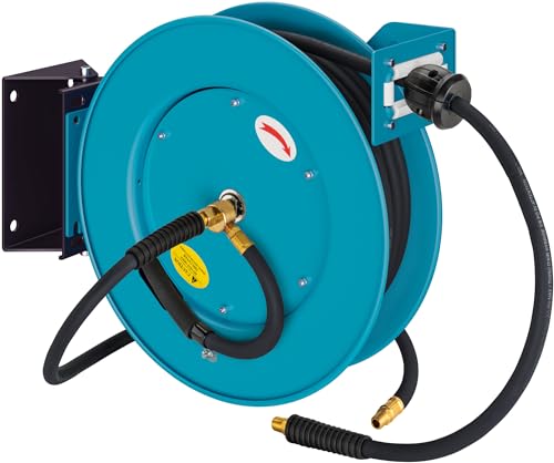 HAZET Open Hose Reel 9040OS-10, 20 Meters/65.62 Feet, 0.39 Inches/10mm, Max. 290 psi, Steel Construction, Automatic Return, Swivel Base, Incl. Mounting Options, Connection Length 6.56 Feet