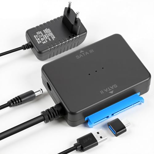 APKLVSR Cable adaptador USB 3.0 a SATA III/II con dos puertos para 2,5' y 3,5' HDD/SSD, adaptador de disco duro externo, incluye convertidor USB-C y fuente de alimentación para transferencia de datos