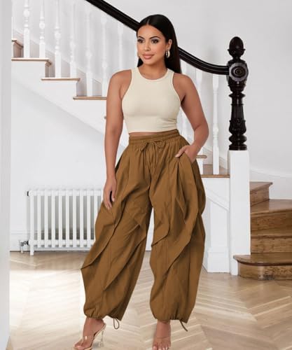 knowfashionstyle Cargo Pants for Women Baggy Loose Fit Y2K Casual Pant Drawstring Wide Leg Streetwear Sweatpants Coffee L — view 2