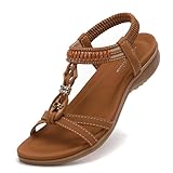 Littleplum Womens Flat Sandals Arch Support Summer Beach Sandals Comfort Walking Shoes Dress Ankle Elastic Bohemian Sandals for Women Brown Size 8