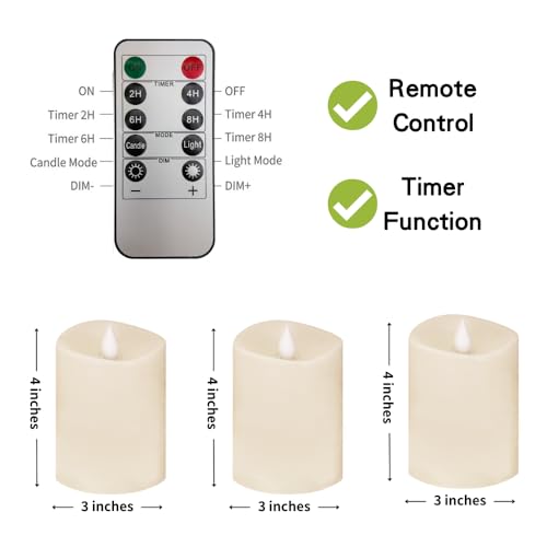 Image of 3x4 Flickering Flameless Candles Set of 3,4 inch Real Wax LED 600 Hours Battery Candles with Timer Remote,Control for Wedding Party Indoor,Ivory