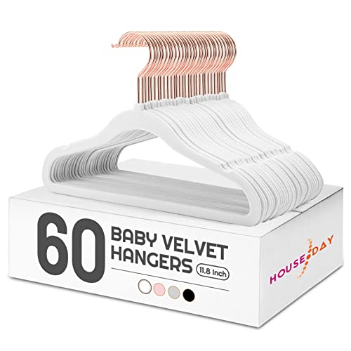 Image of HOUSE DAY Velvet Baby Hangers for Closet, Kids Hangers Velvet 60 Pack, Non Slip Toddler Hanger 11.8 Inch, Durable Childrens Hanger for Newborn Baby Clothes- White