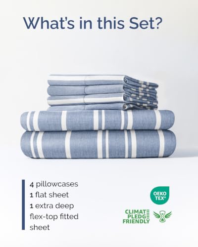 Image of Extra Deep Flex Top Split Head King Sheet Set - 6 Piece Breathable and Cooling Sheets - Hotel Luxury Bedding for Women, Men, Kids & Teens - Easy Secure Fit - Extra Deep Pockets - Blue Stripes 3