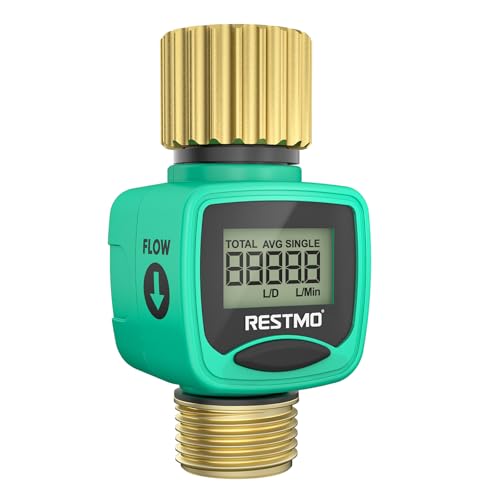 RESTMO Water Flow Meter with Brass Inlet & Outlet Measure Gallon/Liter Consumption and Flow Rate for Outdoor Garden Hose Watering RV Water Tank Filling Lawn Sprinkler and Nozzle Sprayer