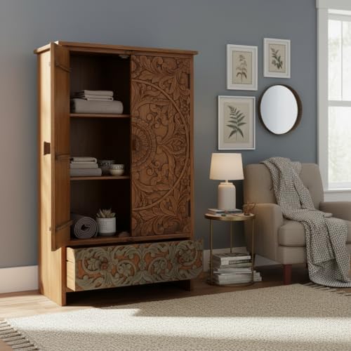 Image of APRODZ Wooden Wardrobe for Bedroom | Scolpito 2 Door Mango Wood Wardrobe with 1 Drawer | Space Saving Wardrobe for Storage, Clothes Cupboard & Wooden Almirah for Bedroom, Light Italian Walnut + Grey