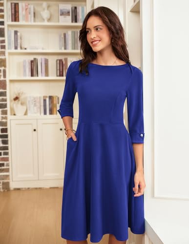 Image of GRACE KARIN Work Dresses for Women 2025 3 /4 Sleeve Fit and Flare Business Midi Dress Classy Office Dresses with Pockets