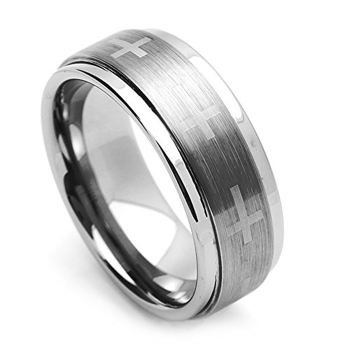 Double Accent 9Mm Comfort Fit Tungsten Carbide Wedding Band Laser Engraved Cross Brushed Center Tungsten Ring (5 To 15), 10 #TOP2