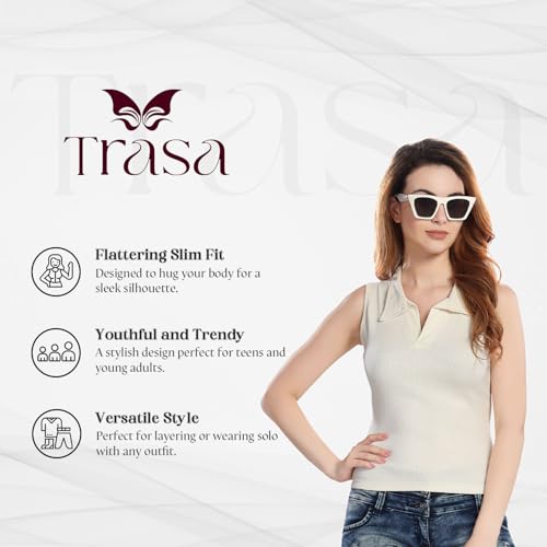 Image of TRASA Women's Sleeveless Rib Knitted Cotton Racer Back Tank Tops Collared Neck Crop Tank Tops - Available Sizes -XS, S, M,L,XL,2XL