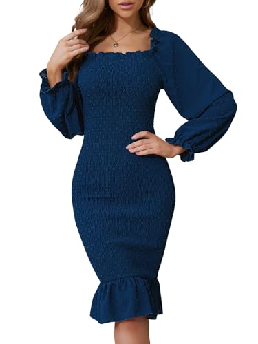 SENFURE Women's Midi Dress Long Sleeve Swiss Dot Bodycon Dresses Ruffle Shirred Party Cocktail Mermaid Navy Maternity Dress