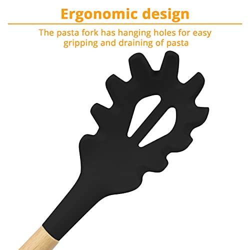 Kufung Silicone Pasta Fork (12"), Food Grade Noodle Spoon With Natural Wooden Handle, Bpa Free, Spaghetti Strainer & Server Spoon (12 Inch, Black) #TOP2