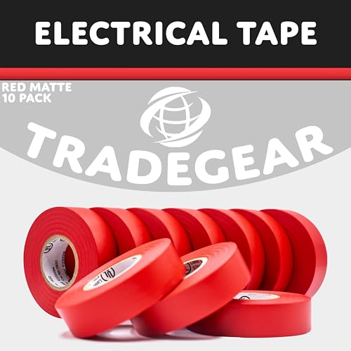 Image of TradeGear Red 10 Pack - UL Listed Colored Electrical Tape, 60 ft x 3 /4 in, 600V, Flame Retardant, Waterproof, Rubber Adhesive - Phase Marking, Wire ID, Automotive
