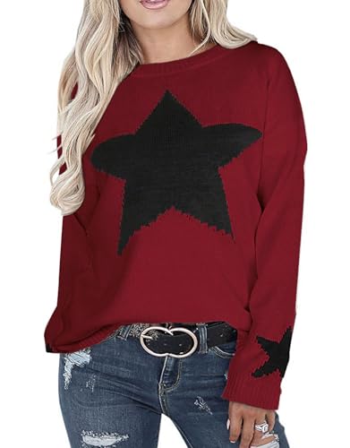 shermie Womens Star Graphic Sweaters Long Sleeve Crew Neck Casual Cable Knit Pullover Sweater Wine-Red 1 Medium