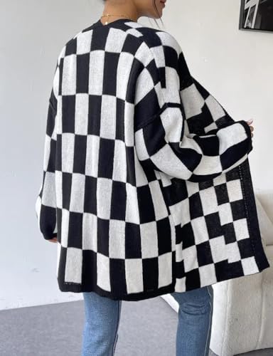 Mywinway Women's Checkered Long Cardigan Sweaters Fall Winter Open Front Long Sleeve V Neck Cute Knit Oversized Tops2
