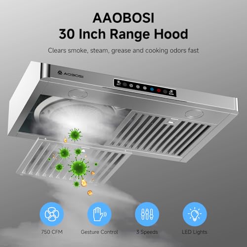 Image of AAOBOSI 30 Inch Under Cabinet Range Hood, 800 CFM Stainless Steel Kitchen Vent Hood with Gesture Sensing, Touch Control, 3-Speed Exhaust Fan, LED Lights, Ducted Range Hood