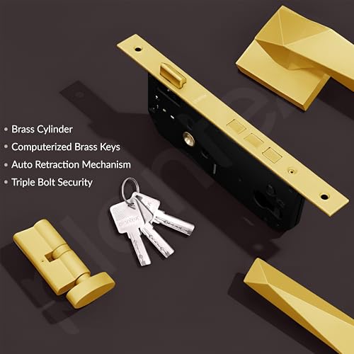 Image of Plantex Heay Duty Mortise Door Lock for Home /Main Door Lock Set /Door Handle Lock with Brass Lock Body & Cylinder (7129, PVD Gold)