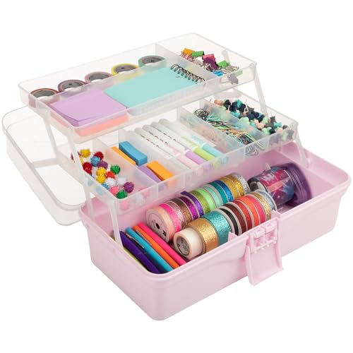14&rdquo; Plastic Tackle Box Organizer - 3-Layer Portable Sewing Box, Art Caddy, Craft Storage, First Aid Medicine Utility Toolbox or Hair Accessories Organizer with Latch and Handle by Stalwart (Pink)