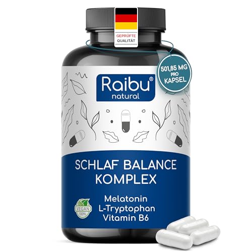Schlaf Balance Komplex - Melatonin, L-Tryptophan und Vitamin B6 - Hochpotente Formel: 501,85 mg pro Kapsel, 6 Monate Vorrat - Aus pflanzlicher Fermentation, ohne unerwünschte Zusätze, vegan