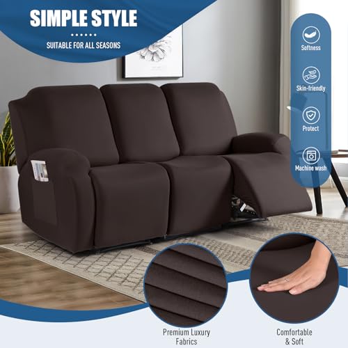 Image of TAOCOCO Recliner Sofa Slipcover, 3 Pieces Polyester Fabric Stretch Sofa Covers for 3 Seat Reclining Couch, Soft Washable Furniture Protector with Pockets (3 Seat, Coffee)
