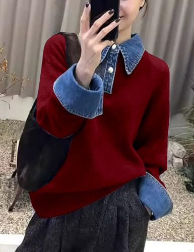 Image of Womens Denim Lapel Sweater Oversized Long Sleeve Button Down Polo Knit Pullover Sweaters 2025 Fall Outfits