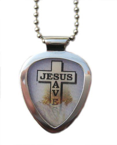 Pickbay Guitar Pick Holder Pendant Necklace (Stainless Steel) & 6 Bright Jewel-Tone Guitar Picks Set #TOP6